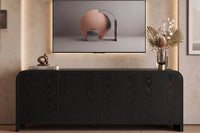 Curved Edge TV Stand for TVs up to 70", 65.7" Wood Grain Media Console with 2 Push-to-Open Cabinets, Adjustable Shelves and Cable Management, Mid-Century Modern Entertainment Center for Living Room, Black