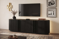 Fluted TV Stand for TVs up to 70", 66.9" Black Wood Grain Media Console with Tambour-Style Doors, Oval Curved Edge Entertainment Center with Adjustable Shelves and Cable Management, Mid-Century Modern, Black