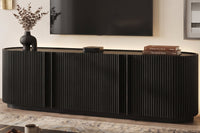 Fluted TV Stand for TVs up to 70", 66.9" Black Wood Grain Media Console with Tambour-Style Doors, Oval Curved Edge Entertainment Center with Adjustable Shelves and Cable Management, Mid-Century Modern, Black