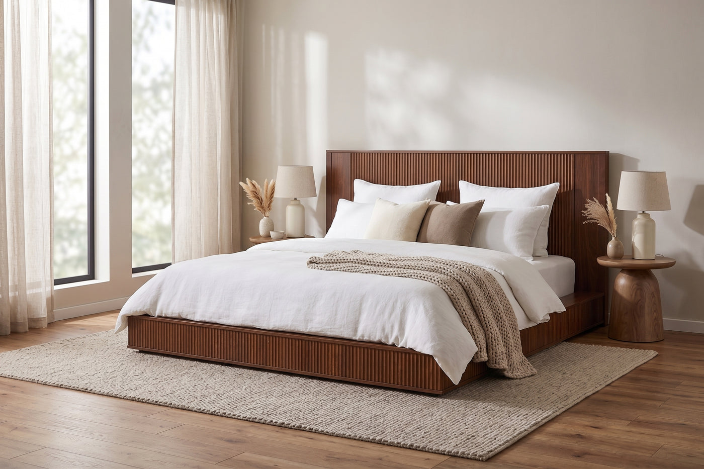 Platform beds in solid hevea and walnut