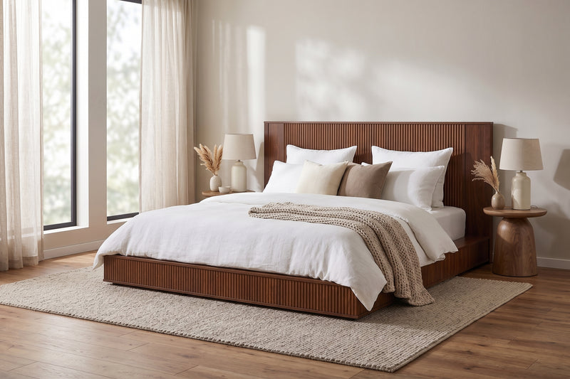 ANVA Low Profile Fluted Platform Bed Frame - Walnut Finish, Wingback Headboard | King, Queen