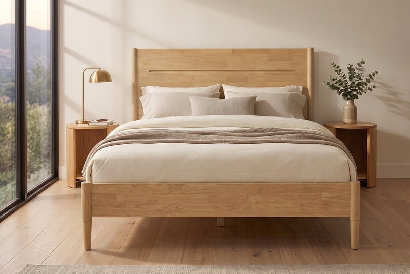 ANVA Mid-Century Modern Solid Wood Platform Bed Frame — Slatted Headboard | King, Queen Solid hevea hardwood.