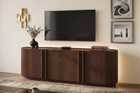 Fluted TV Stand for TVs up to 70", 66.9" Walnut Wood Grain Media Console with Tambour-Style Doors, Oval Curved Edge Entertainment Center with Adjustable Shelves and Cable Management, Mid-Century Modern, Walnut