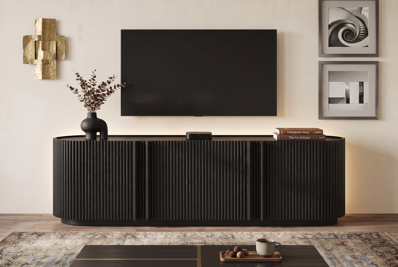 Fluted TV Stand for TVs up to 70", 66.9" Black Wood Grain Media Console with Tambour-Style Doors, Oval Curved Edge Entertainment Center with Adjustable Shelves and Cable Management, Mid-Century Modern, Black