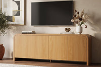 Curved Edge TV Stand for TVs up to 70", 65.7" Wood Grain Media Console with 2 Push-to-Open Cabinets, Adjustable Shelves and Cable Management, Mid-Century Modern Entertainment Center for Living Room, Natural