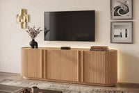 Fluted TV Stand for TVs up to 70", 66.9" Natural Oak Wood Grain Media Console with Tambour-Style Doors, Oval Curved Edge Entertainment Center with Adjustable Shelves and Cable Management, Mid-Century Modern, Natural Oak