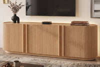Fluted TV Stand for TVs up to 70", 66.9" Natural Oak Wood Grain Media Console with Tambour-Style Doors, Oval Curved Edge Entertainment Center with Adjustable Shelves and Cable Management, Mid-Century Modern, Natural Oak