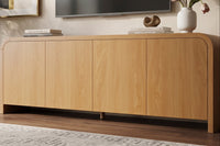 Curved Edge TV Stand for TVs up to 70", 65.7" Wood Grain Media Console with 2 Push-to-Open Cabinets, Adjustable Shelves and Cable Management, Mid-Century Modern Entertainment Center for Living Room, Natural