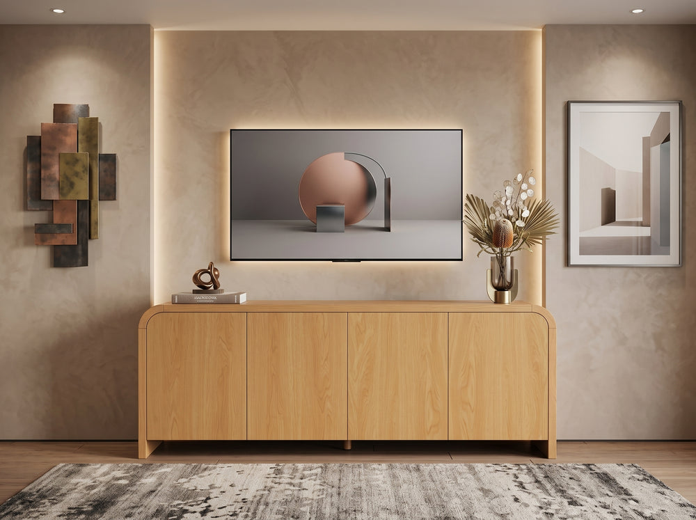 Curved Edge TV Stand for TVs up to 70", 65.7" Wood Grain Media Console with 2 Push-to-Open Cabinets, Adjustable Shelves and Cable Management, Mid-Century Modern Entertainment Center for Living Room, Natural
