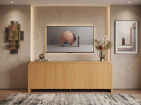 Curved Edge TV Stand for TVs up to 70", 65.7" Wood Grain Media Console with 2 Push-to-Open Cabinets, Adjustable Shelves and Cable Management, Mid-Century Modern Entertainment Center for Living Room, Natural