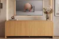 Curved Edge TV Stand for TVs up to 70", 65.7" Wood Grain Media Console with 2 Push-to-Open Cabinets, Adjustable Shelves and Cable Management, Mid-Century Modern Entertainment Center for Living Room, Natural