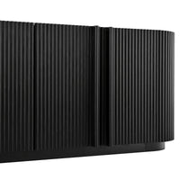 Fluted TV Stand for TVs up to 70", 66.9" Black Wood Grain Media Console with Tambour-Style Doors, Oval Curved Edge Entertainment Center with Adjustable Shelves and Cable Management, Mid-Century Modern, Black