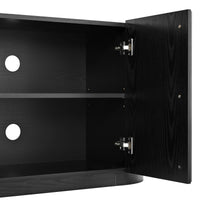 Fluted TV Stand for TVs up to 70", 66.9" Black Wood Grain Media Console with Tambour-Style Doors, Oval Curved Edge Entertainment Center with Adjustable Shelves and Cable Management, Mid-Century Modern, Black