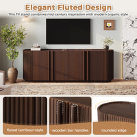 Fluted TV Stand for TVs up to 70", 66.9" Walnut Wood Grain Media Console with Tambour-Style Doors, Oval Curved Edge Entertainment Center with Adjustable Shelves and Cable Management, Mid-Century Modern, Walnut