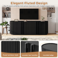 Fluted TV Stand for TVs up to 70", 66.9" Black Wood Grain Media Console with Tambour-Style Doors, Oval Curved Edge Entertainment Center with Adjustable Shelves and Cable Management, Mid-Century Modern, Black