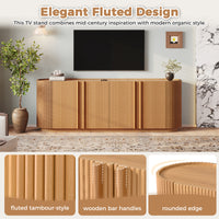 Fluted TV Stand for TVs up to 70", 66.9" Natural Oak Wood Grain Media Console with Tambour-Style Doors, Oval Curved Edge Entertainment Center with Adjustable Shelves and Cable Management, Mid-Century Modern, Natural Oak