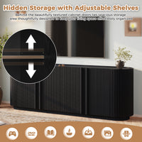 Fluted TV Stand for TVs up to 70", 66.9" Black Wood Grain Media Console with Tambour-Style Doors, Oval Curved Edge Entertainment Center with Adjustable Shelves and Cable Management, Mid-Century Modern, Black