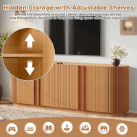 Fluted TV Stand for TVs up to 70", 66.9" Natural Oak Wood Grain Media Console with Tambour-Style Doors, Oval Curved Edge Entertainment Center with Adjustable Shelves and Cable Management, Mid-Century Modern, Natural Oak