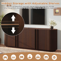 Fluted TV Stand for TVs up to 70", 66.9" Walnut Wood Grain Media Console with Tambour-Style Doors, Oval Curved Edge Entertainment Center with Adjustable Shelves and Cable Management, Mid-Century Modern, Walnut