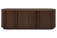 Fluted TV Stand for TVs up to 70", 66.9" Walnut Wood Grain Media Console with Tambour-Style Doors, Oval Curved Edge Entertainment Center with Adjustable Shelves and Cable Management, Mid-Century Modern, Walnut