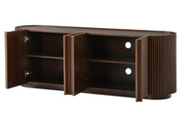 Fluted TV Stand for TVs up to 70", 66.9" Walnut Wood Grain Media Console with Tambour-Style Doors, Oval Curved Edge Entertainment Center with Adjustable Shelves and Cable Management, Mid-Century Modern, Walnut