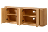 Fluted TV Stand for TVs up to 70", 66.9" Natural Oak Wood Grain Media Console with Tambour-Style Doors, Oval Curved Edge Entertainment Center with Adjustable Shelves and Cable Management, Mid-Century Modern, Natural Oak