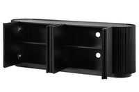 Fluted TV Stand for TVs up to 70", 66.9" Black Wood Grain Media Console with Tambour-Style Doors, Oval Curved Edge Entertainment Center with Adjustable Shelves and Cable Management, Mid-Century Modern, Black