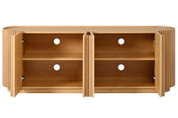 Fluted TV Stand for TVs up to 70", 66.9" Natural Oak Wood Grain Media Console with Tambour-Style Doors, Oval Curved Edge Entertainment Center with Adjustable Shelves and Cable Management, Mid-Century Modern, Natural Oak