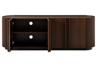 Fluted TV Stand for TVs up to 70", 66.9" Walnut Wood Grain Media Console with Tambour-Style Doors, Oval Curved Edge Entertainment Center with Adjustable Shelves and Cable Management, Mid-Century Modern, Walnut