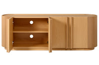 Fluted TV Stand for TVs up to 70", 66.9" Natural Oak Wood Grain Media Console with Tambour-Style Doors, Oval Curved Edge Entertainment Center with Adjustable Shelves and Cable Management, Mid-Century Modern, Natural Oak