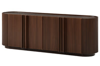 Fluted TV Stand for TVs up to 70", 66.9" Walnut Wood Grain Media Console with Tambour-Style Doors, Oval Curved Edge Entertainment Center with Adjustable Shelves and Cable Management, Mid-Century Modern, Walnut