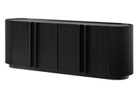 Fluted TV Stand for TVs up to 70", 66.9" Black Wood Grain Media Console with Tambour-Style Doors, Oval Curved Edge Entertainment Center with Adjustable Shelves and Cable Management, Mid-Century Modern, Black