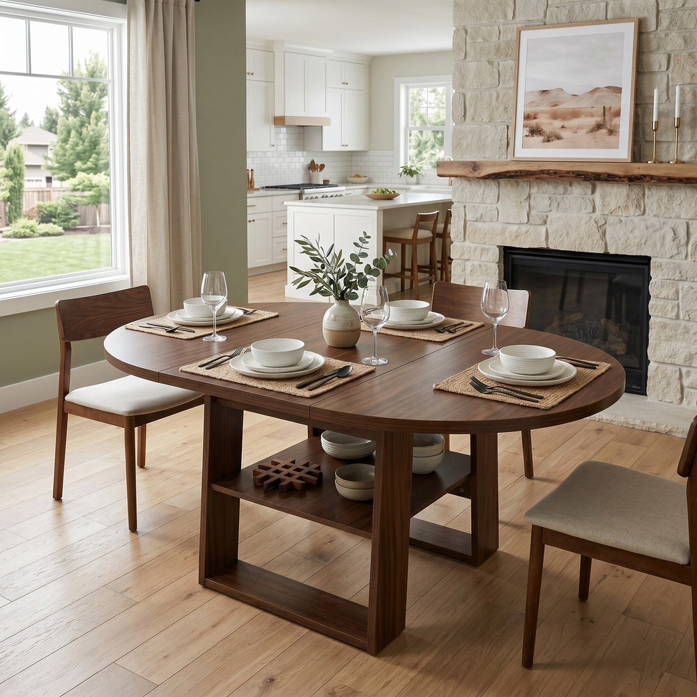 43.3'-59' Extendable Round Dining Table for 4-6, Round-to-Oval Kitchen Table with Built-In Flip-Up Extension Leaf, Stable H-Shaped Base and Storage Shelf, Walnut