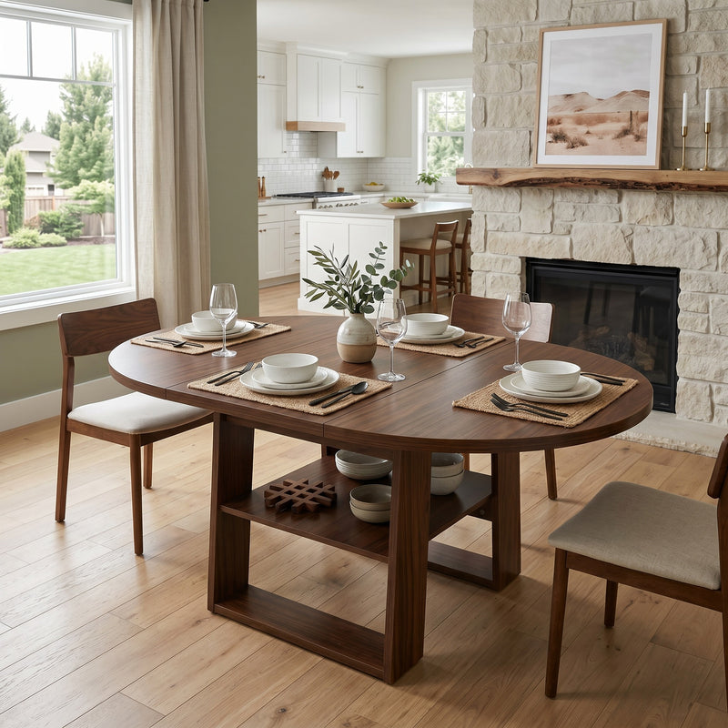43.3'-59' Extendable Round Dining Table for 4-6, Round-to-Oval Kitchen Table with Built-In Flip-Up Extension Leaf, Stable H-Shaped Base and Storage Shelf, Walnut